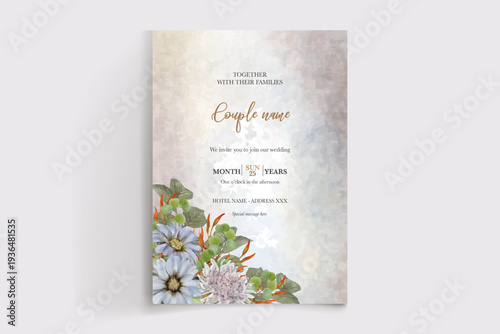 WEDDING INVITATION FRAME WITH FLOWER DECORATIONS AND FRESH LEAVES