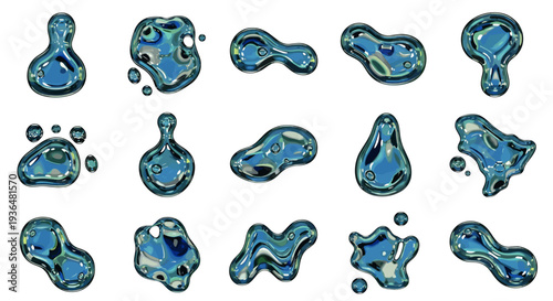 Collection of various water droplets with reflective surfaces on a blue background