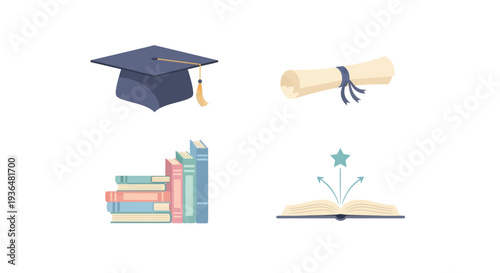 Education icons set with graduation cap, diploma scroll, stack of books, and open book with star for learning and academic success