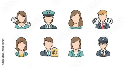 Set of faceless business and security professional icons including trademark symbol, uniformed personnel, and office staff for corporate use