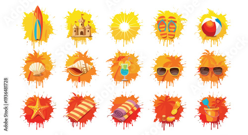 Collection of colorful summer and vacation themed icons and symbols