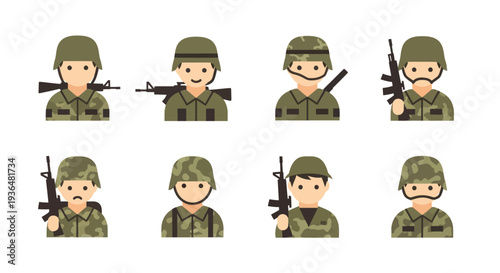 Set of flat design army soldier avatars with helmets and rifles in green camouflage uniform, ideal for military and security projects