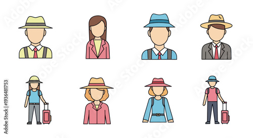 Flat vector set of travelers and business people wearing hats with suitcases and backpacks, travel and tourism icons for presentations and websites