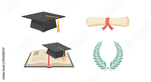 Graduation cap, diploma scroll, open book with cap, and laurel wreath icons for education achievement and academic success illustration