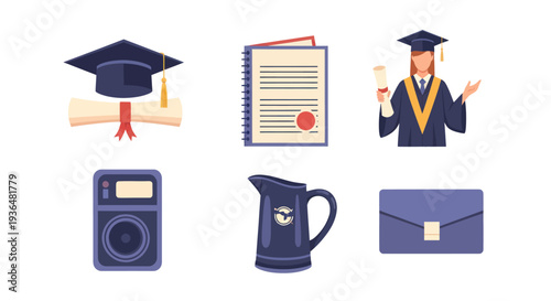 Graduation icons set with cap diploma graduate person certificate speaker jug and briefcase, education and achievement concepts