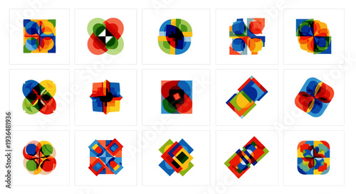 Collection of colorful geometric puzzle pieces and shapes
