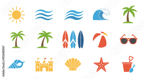 Collection of colorful summer beach icons and symbols