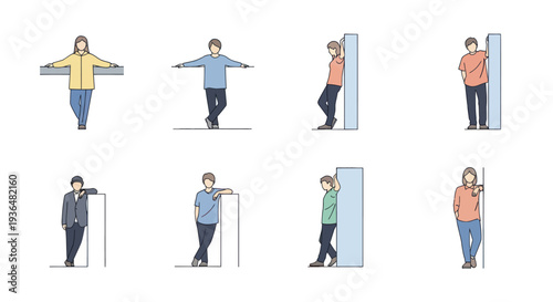 Set of diverse people casually leaning and posing next to walls and ledges, ideal for lifestyle, social interaction, and relaxation themed projects