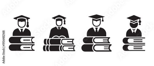 Graduation Icons. Students with Graduation Caps and Books, Representing Education, Knowledge, and Academic Achievement.
