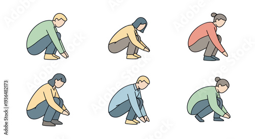 Set of diverse people squatting in casual clothing isolated on white background, vector illustration for lifestyle or activity concept