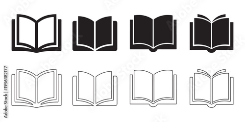 Open Book Icons Set. Black Solid and Outline Styles, Clean Simple Vector Graphics for Education, Knowledge, and Information Concepts.