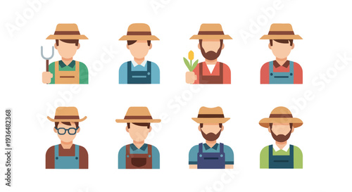 Set of farmer avatars wearing straw hats and overalls with farming tools and flowers, agriculture icons, perfect for farming and gardening design projects