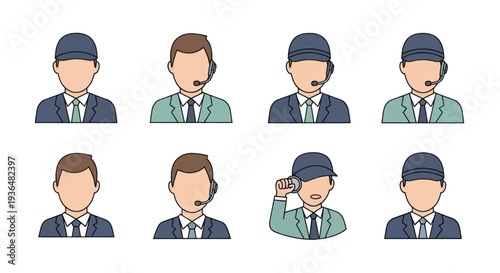 Set of faceless business men in suits with caps and headsets, customer support and communication icons, service and office agents illustrations