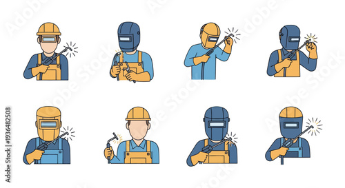 Set of welder workers with welding masks and equipment performing welding tasks, industrial craft and safety concept, vector icons