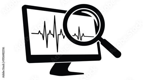 A magnifying glass over a computer monitor displaying an electrocardiogram