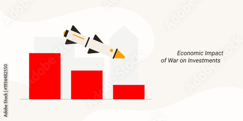 Economic impact of war on investments showing decline chart with falling graph. Flat design vector illustration for economic crisis, financial loss and recession impact concepts.