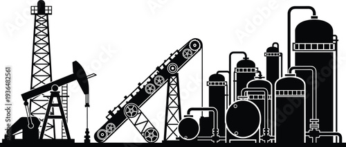 Oil industry refinery and pump jack silhouette with industrial factory tanks, petroleum production equipment vector illustration isolated on white