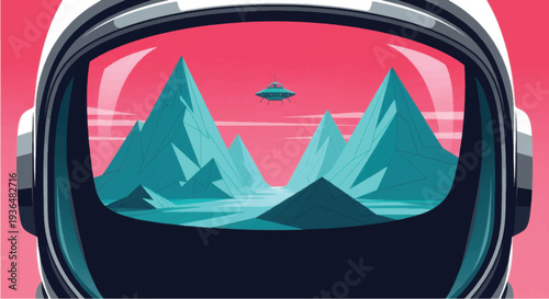 Astronaut Helmet View of Mountains and UFO.