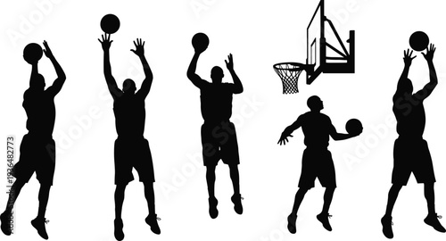 Basketball player silhouettes jumping shooting dribbling with hoop and ball, sport action vector illustration isolated on white background for design