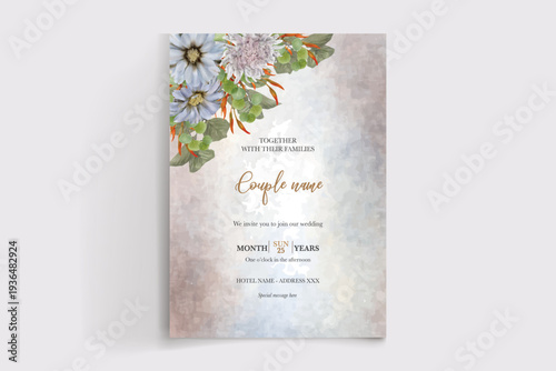 WEDDING INVITATION FRAME WITH FLOWER DECORATIONS AND FRESH LEAVES