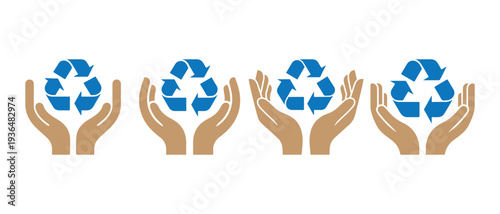 Hands Cupping Blue Recycling Symbols. Eco-Friendly Protection, Sustainability Concept, Clean Environment.