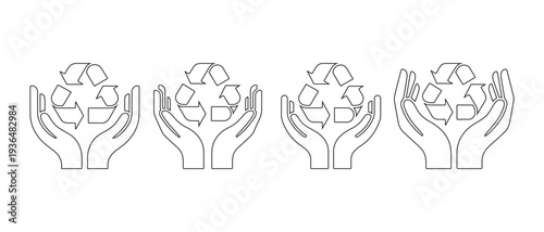 Hands Holding Recycling Symbol Icons Set. Sustainable Eco-Friendly Concept, Clean Energy and Nature Protection Line Art.