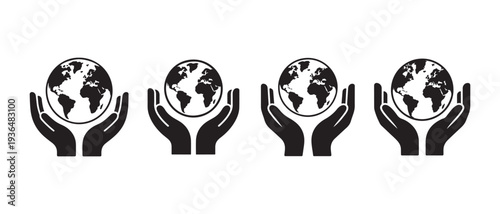 Hands Holding Planet Earth Icons. Symbolizing Global Care, Protection, and Responsibility for Our World.