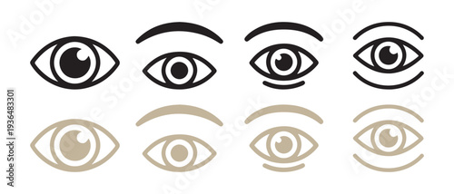 Set of stylized eye icons. and outlines in black and tan, representing vision, perception, and observation concepts.