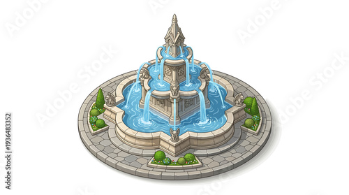 Detailed isometric illustration of a grand classical stone fountain with multiple ornate tiers and cascading water, an elegant architectural feature perfect for urban park designs and landscape planni