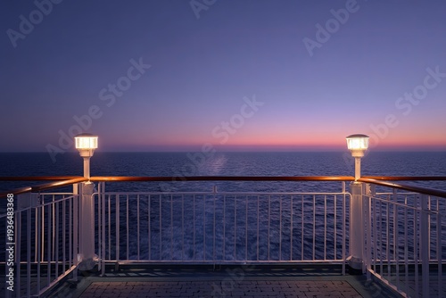 Evening view from a ship's deck, calm sea, twilight sky, lights