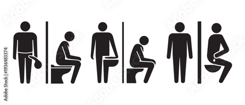 Male Silhouette Icons Showing Various Toilet Postures and Activities, Symbolizing Hygiene and Bodily Functions.
