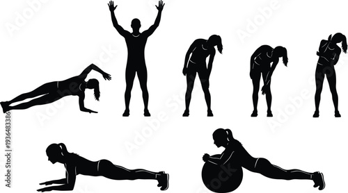 Fitness exercise silhouettes collection, woman workout poses, strength training, plank and stretching, gym workout vector illustration isolated on white background