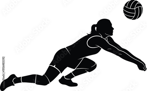 Female volleyball player silhouette diving to dig a ball, dynamic athletic defense action in indoor court sport training competition concept