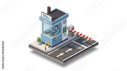Toll Booth with Attendant, Road Barrier, and Stop Sign - Isometric View of a Highway Toll Collection Point