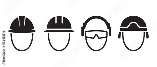 Set of Safety Headwear Icons. Hard Hats and Ear Protection, Industrial Protective Gear Symbols, Vector Illustration.