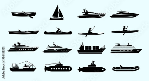 Various boats and ships silhouetted against a plain background