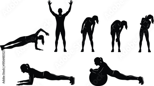 Fitness workout silhouettes collection, woman exercise poses with plank stretching and stability ball, gym training vector illustration isolated