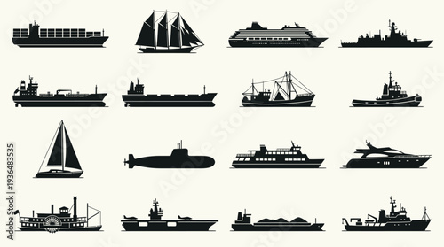 Collection of various naval vessels silhouetted