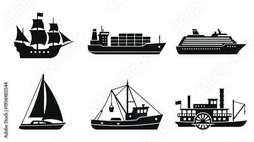 Various vessels silhouetted against a white background