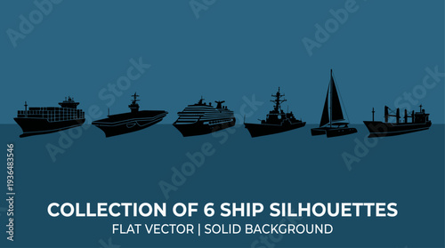 Ships silhouetted against a solid blue background