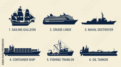 Various vessels at sea illustrated in dark silhouettes