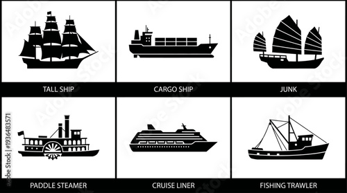 Various vessels depicted in silhouette against white
