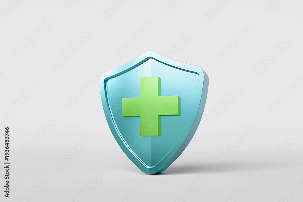 Fototapeta premium 3D light blue shield icon with green medical plus sign. concept of health insurance, medical protection, and healthcare security. illustration