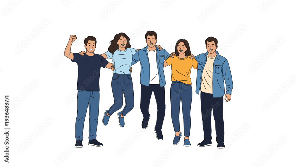 Obraz premium Group of five diverse and happy young friends standing close together and jumping in a display of friendship and positive energy.
