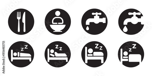 Basic Icons Set. Food, Sleep, Water Needs Represented by Simple White Symbols on Black Background Circles.