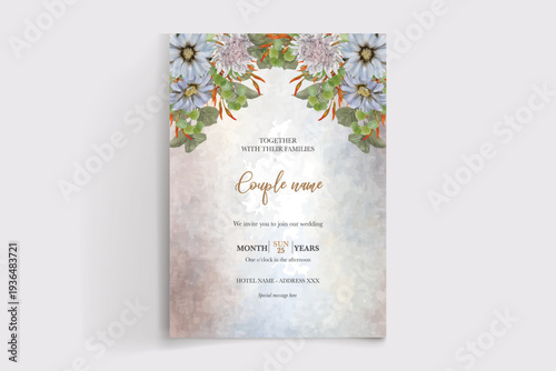 WEDDING INVITATION FRAME WITH FLOWER DECORATIONS AND FRESH LEAVES