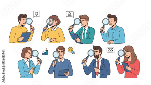 Set of diverse business professionals observing various corporate symbols and icons through magnifying glasses for detailed analysis.