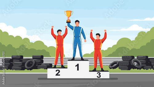 Three professional racers celebrating on a podium with a gold trophy at a racing track with tire stacks and trees in the background.