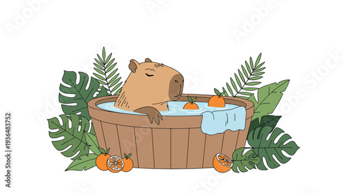 Calm capybara enjoying a relaxing warm bath in a wooden tub filled with oranges and surrounded by lush green tropical leaves.