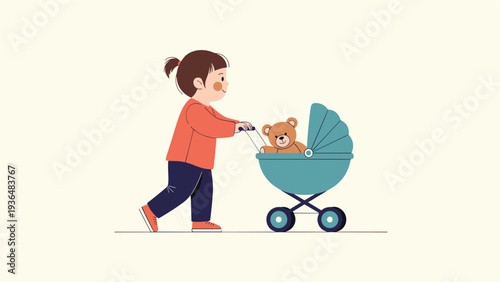 Young girl happily pushing her favorite teddy bear in a toy baby stroller while playing outside on a simple neutral background.